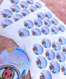 Round Stickers, Piñata, Cocomelon Party / Stickers Redondos, Piñata, Fiesta Cocomelon