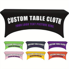 Custom stretch tablecloth with logo print for expos, business events and trade shows