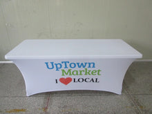 Load image into Gallery viewer, Personalized stretch spandex tablecloth for trade shows, events and special celebrations