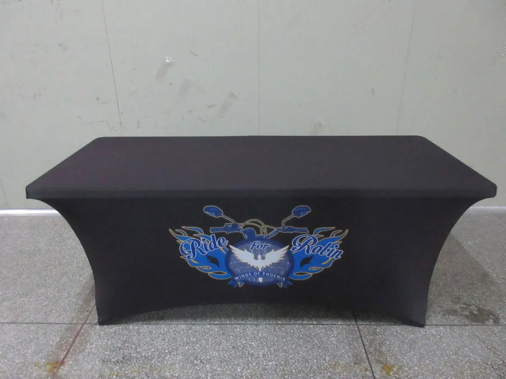 Personalized stretch spandex tablecloth for trade shows, events and special celebrations